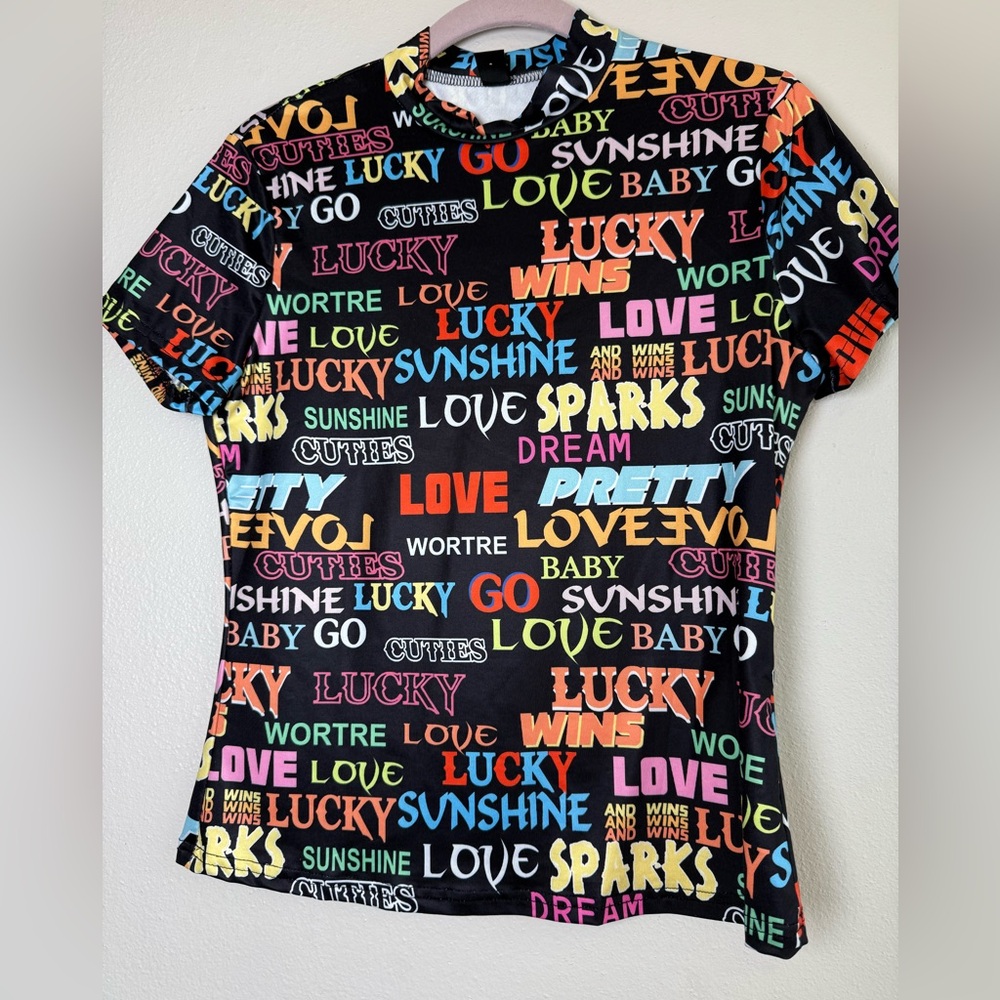 SHEIN Black Short Sleeve Tee with Multicolor Word Print